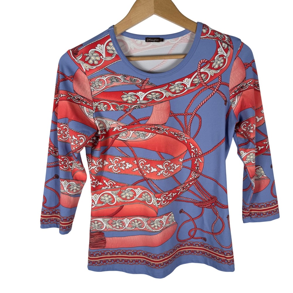 J.McLaughlin Nautical Rope Catalina Clothe‎ Top Womens S Blue Coral 3/4 Sleeve